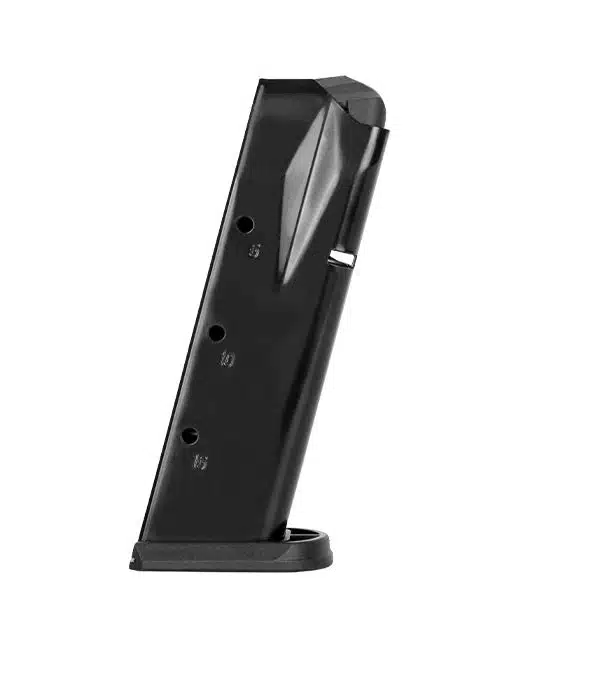 Sleek black firearm magazine with witness holes for round visibility and secure grip.