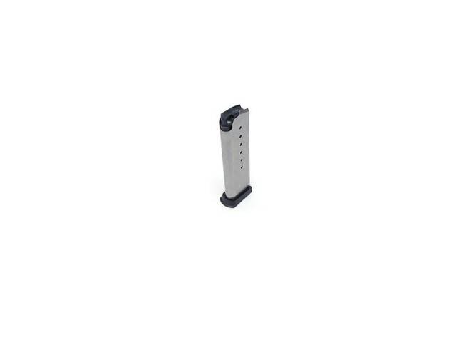 Durable stainless steel 7-round firearm magazine with viewing holes for quick ammo checks.