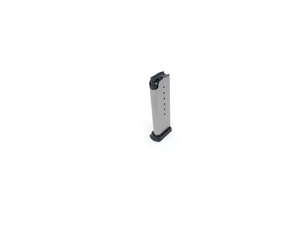 Durable stainless steel 7-round firearm magazine with viewing holes for quick ammo checks.