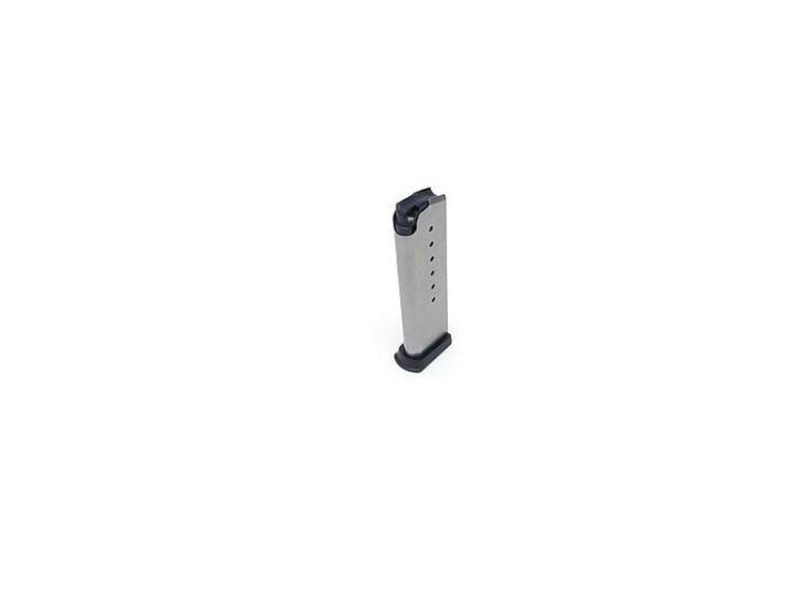 Durable stainless steel 7-round firearm magazine with viewing holes for quick ammo checks.
