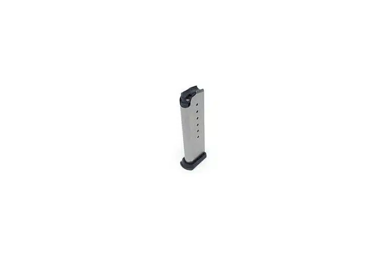 Durable stainless steel 7-round firearm magazine with viewing holes for quick ammo checks.