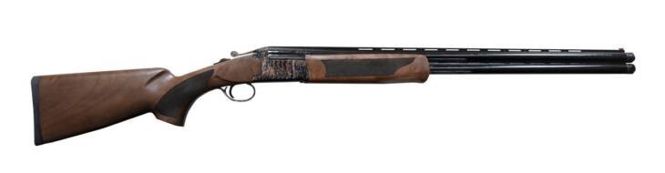 Elegant double-barreled shotgun with polished wooden stock, ideal for hunting and sport shooting.