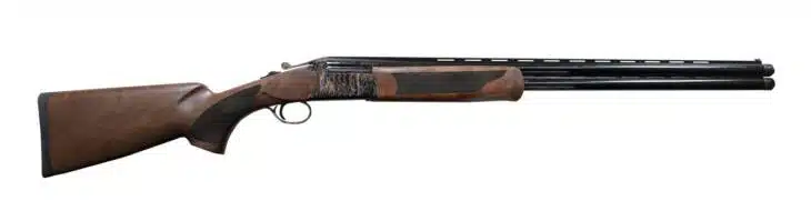 Elegant double-barreled shotgun with polished wooden stock, ideal for hunting and sport shooting.