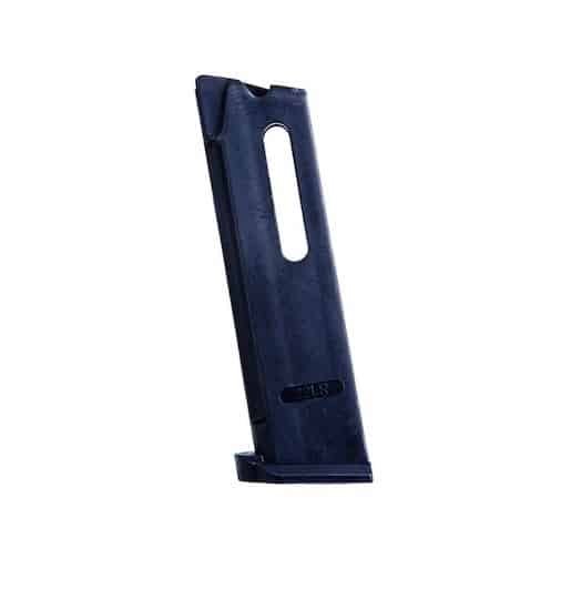 Durable black polymer magazine with transparent window for quick round count, compatible with semi-automatics.