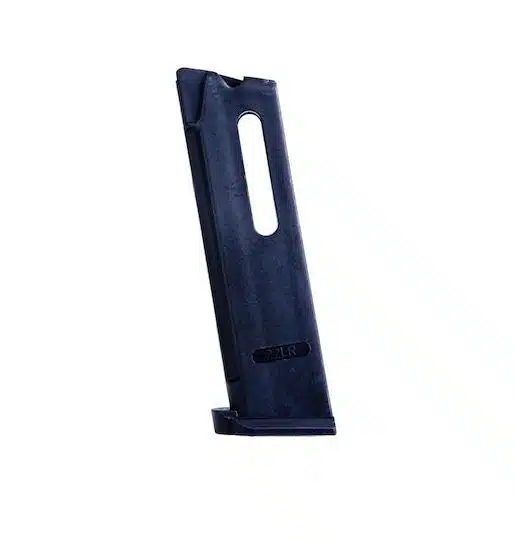 Durable black polymer magazine with transparent window for quick round count, compatible with semi-automatics.