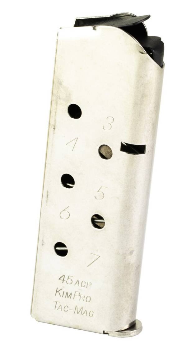 Sleek metallic firearm magazine with round indicators and ergonomic grip for reliable shooting performance.