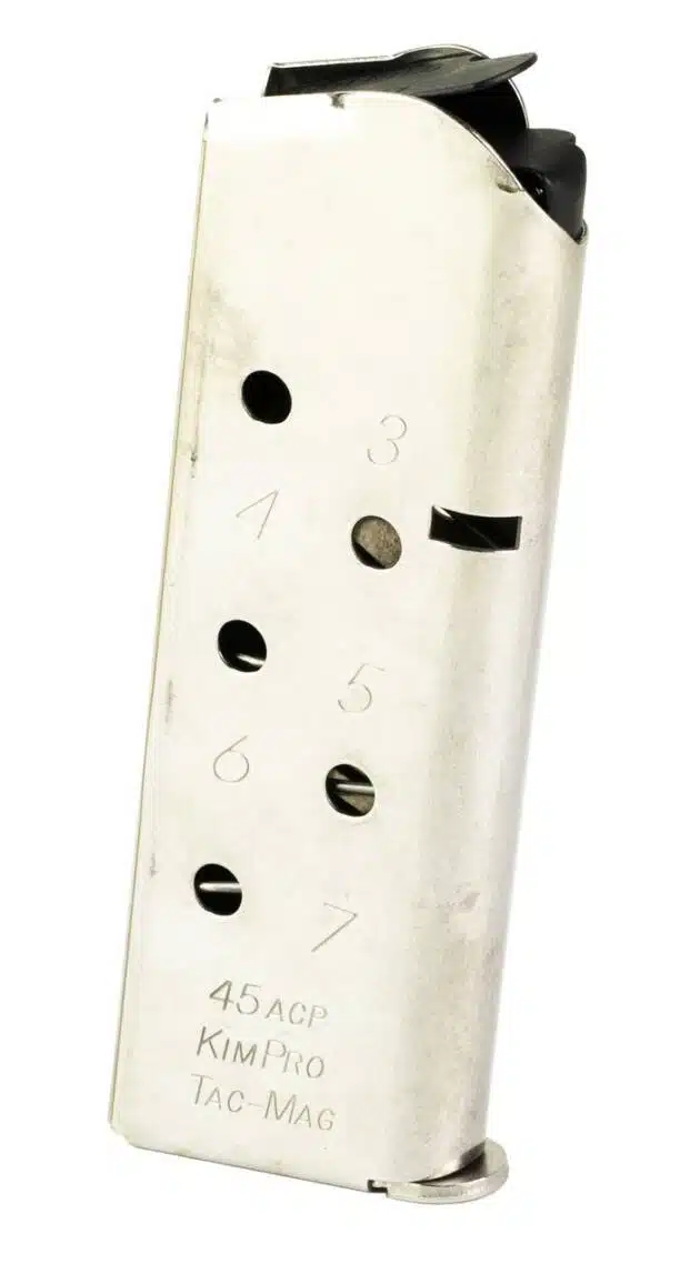 Sleek metallic firearm magazine with round indicators and ergonomic grip for reliable shooting performance.