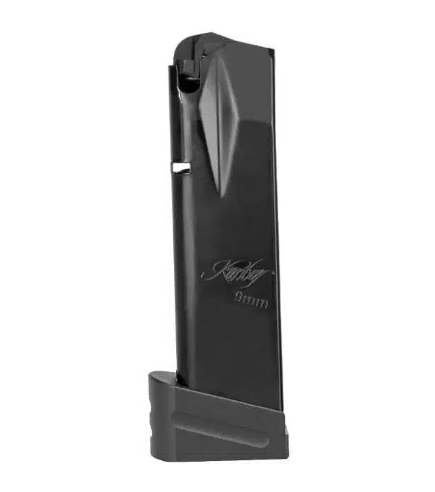 Sleek, high-capacity black firearm magazine with ergonomic design for optimal performance and handling.