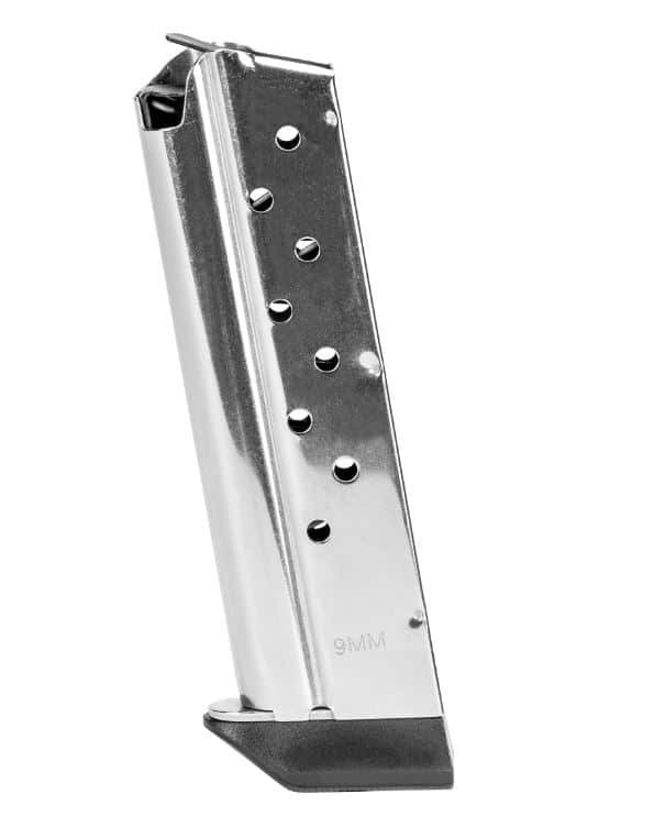 Sleek metal firearm magazine with capacity indicator, ensuring reliable performance and stylish efficiency.