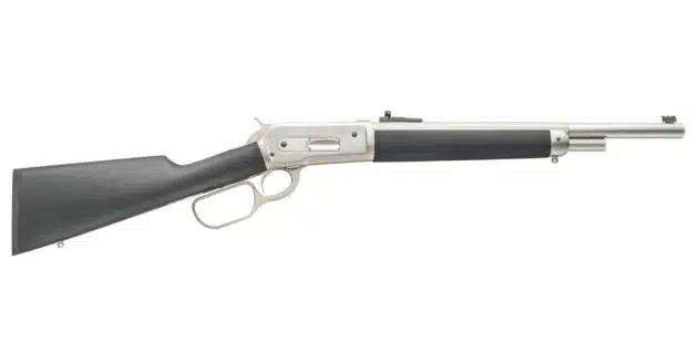 Sleek lever-action rifle with polished silver finish and sturdy black stock for enhanced performance.