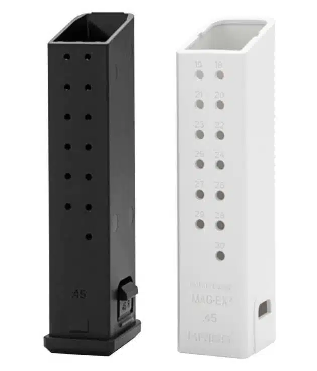 Black and white semi-automatic pistol magazines, durable, lightweight, and designed for optimal functionality.