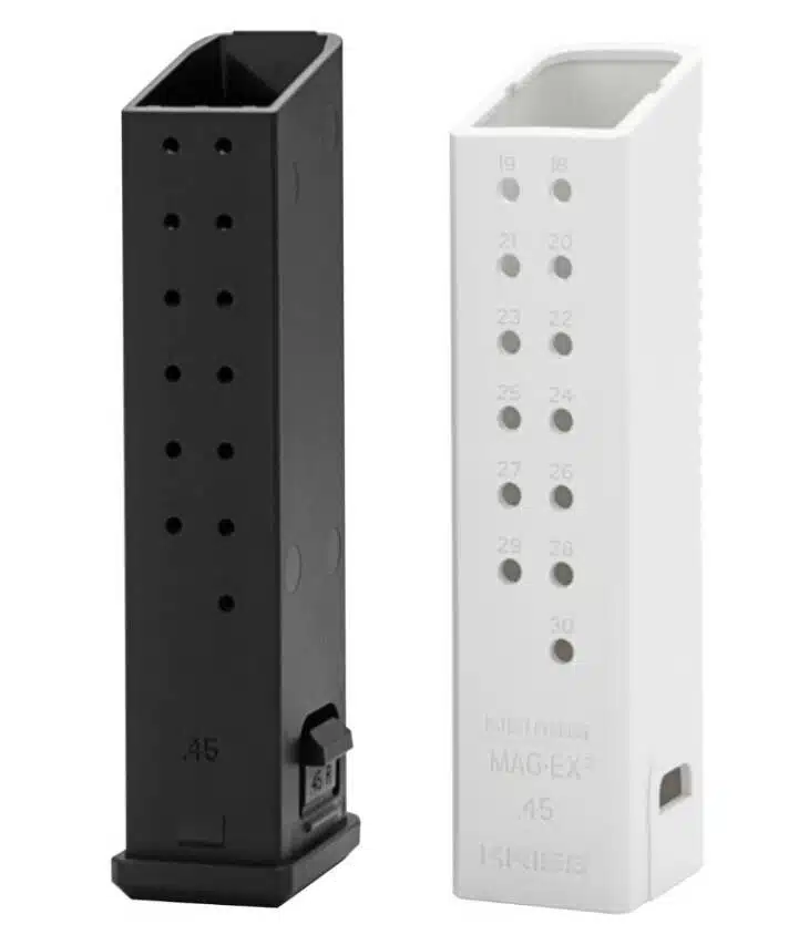 Black and white semi-automatic pistol magazines, durable, lightweight, and designed for optimal functionality.