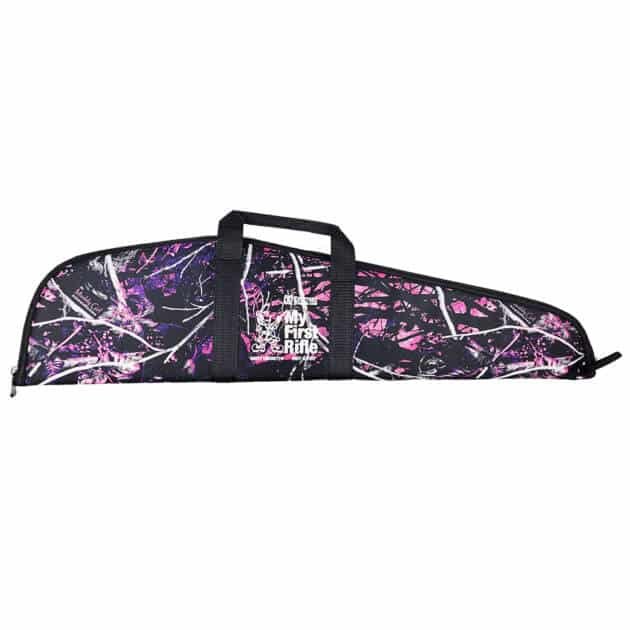 Durable purple camouflage rifle case with comfortable handle and secure zipper for outdoor transport.