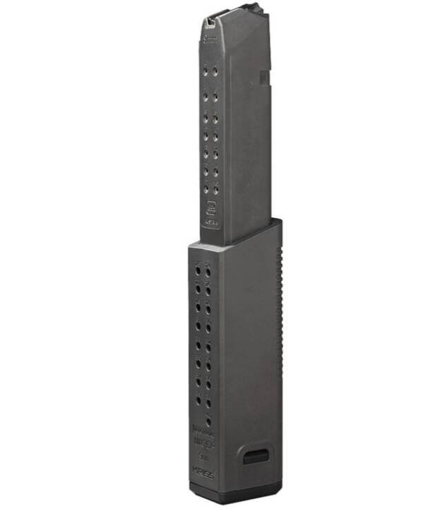 High-capacity matte black magazine for semi-automatic pistols, designed for reliability and performance.