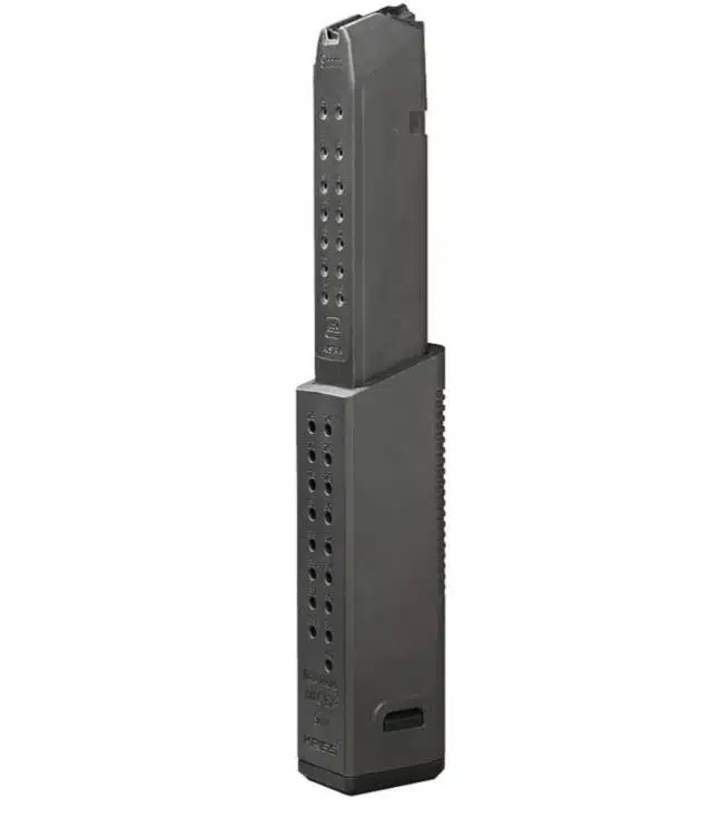 High-capacity matte black magazine for semi-automatic pistols, designed for reliability and performance.