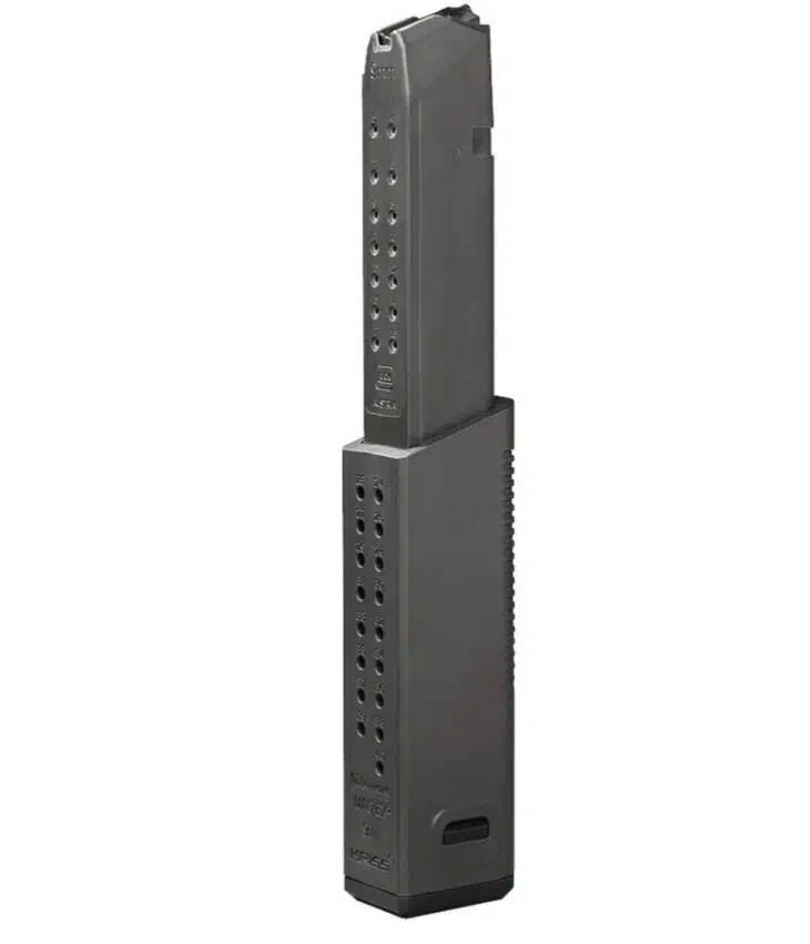 High-capacity matte black magazine for semi-automatic pistols, designed for reliability and performance.