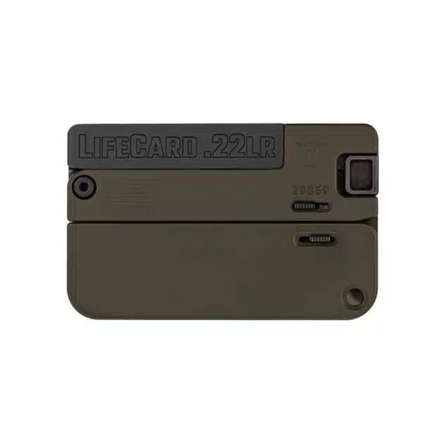 LifeCard .22LR: Concealed, compact firearm in olive drab for discreet self-defense and portability.