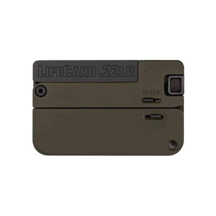 LifeCard .22LR: Concealed, compact firearm in olive drab for discreet self-defense and portability.
