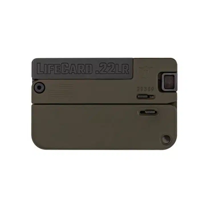 LifeCard .22LR: Concealed, compact firearm in olive drab for discreet self-defense and portability.