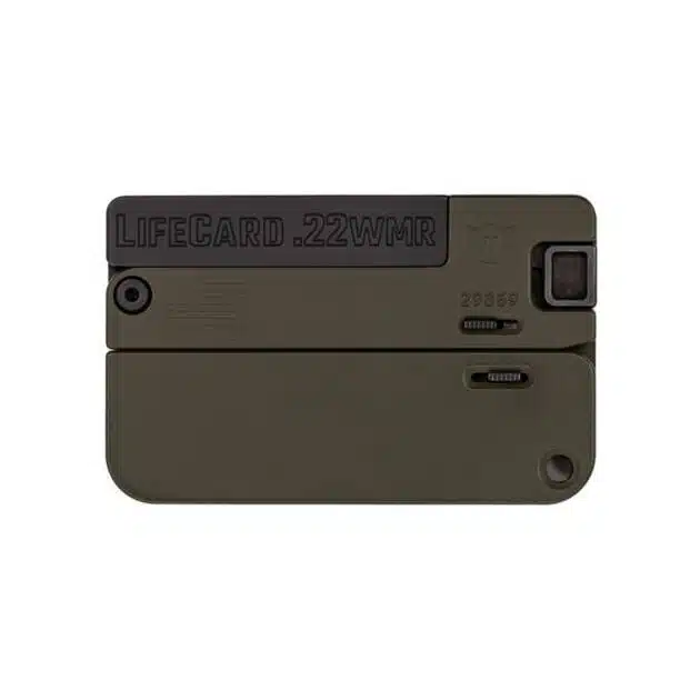 Compact Lifecard .22 WMR: Discreet personal safety device for emergencies in olive green.
