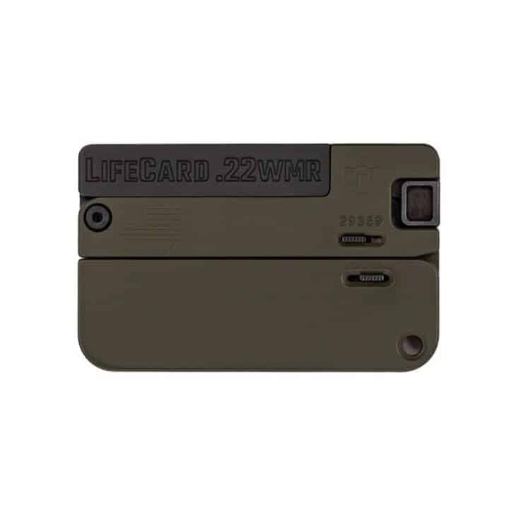 Compact Lifecard .22 WMR: Discreet personal safety device for emergencies in olive green.