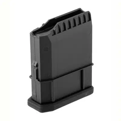 Durable black polymer firearm magazine, ergonomic design, reliable feeding, compatible with various models.