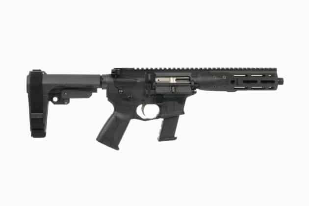 Compact semi-automatic firearm with adjustable stock and tactical features for enhanced versatility and control.