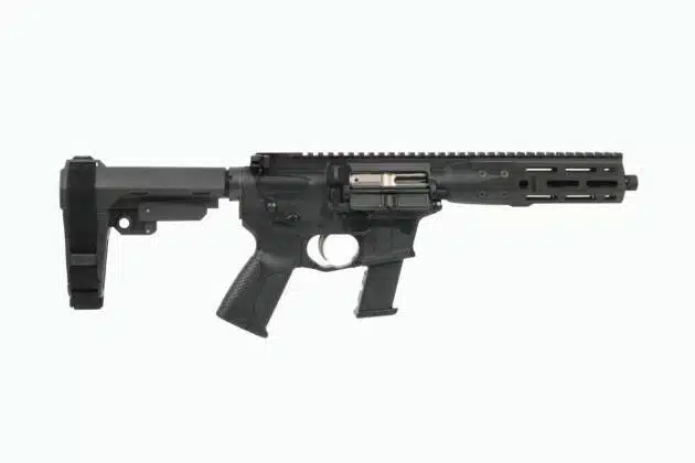 Compact semi-automatic firearm with adjustable stock and tactical features for enhanced versatility and control.