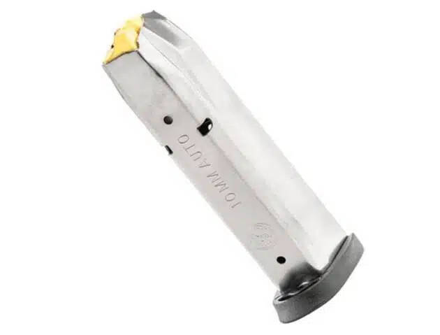 M2010 firearm magazine: durable, sleek design with yellow follower for reliable performance.