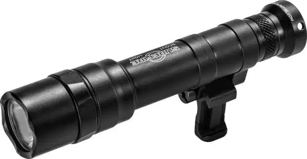 Durable tactical black flashlight with a clear lens, side mount, and quick access switch.