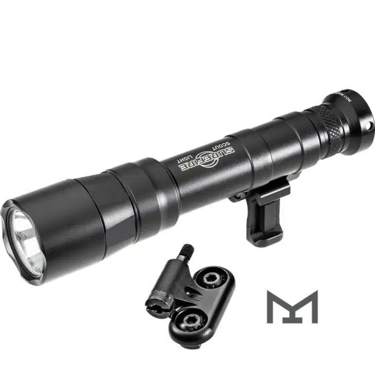 Durable Tactical LED Flashlight M640DFT with mounting bracket for camping and self-defense.