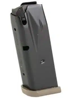 Durable tactical firearm magazine with round count windows and contrasting beige base plate.