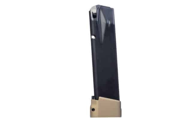 Durable black firearm magazine with tan base plate, designed for reliable performance and tactical use.