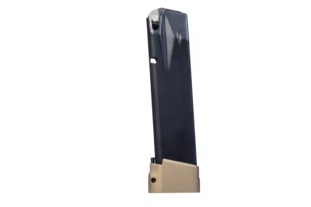 Durable black firearm magazine with tan base plate, designed for reliable performance and tactical use.