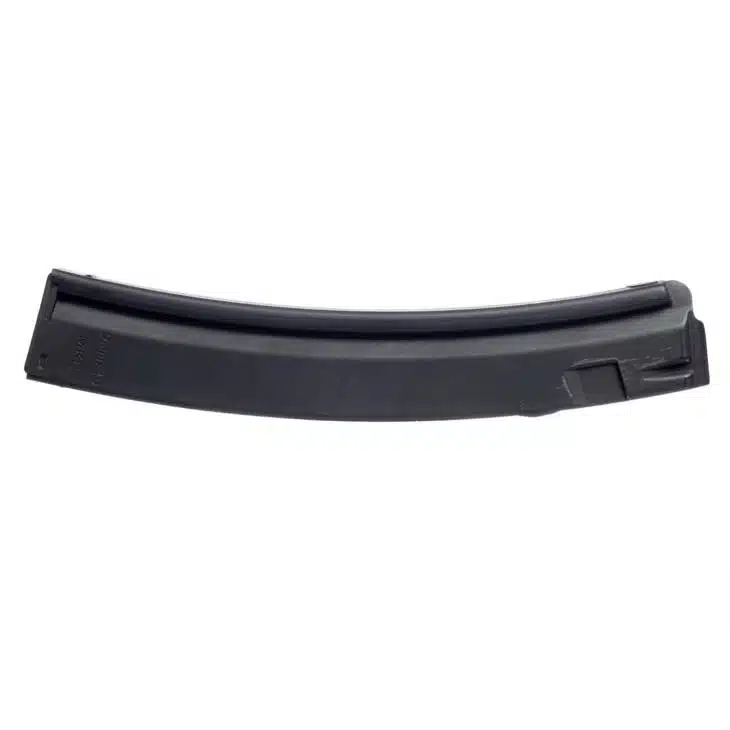 High-capacity curved matte black magazine for reliable feeding in semi-automatic firearms.