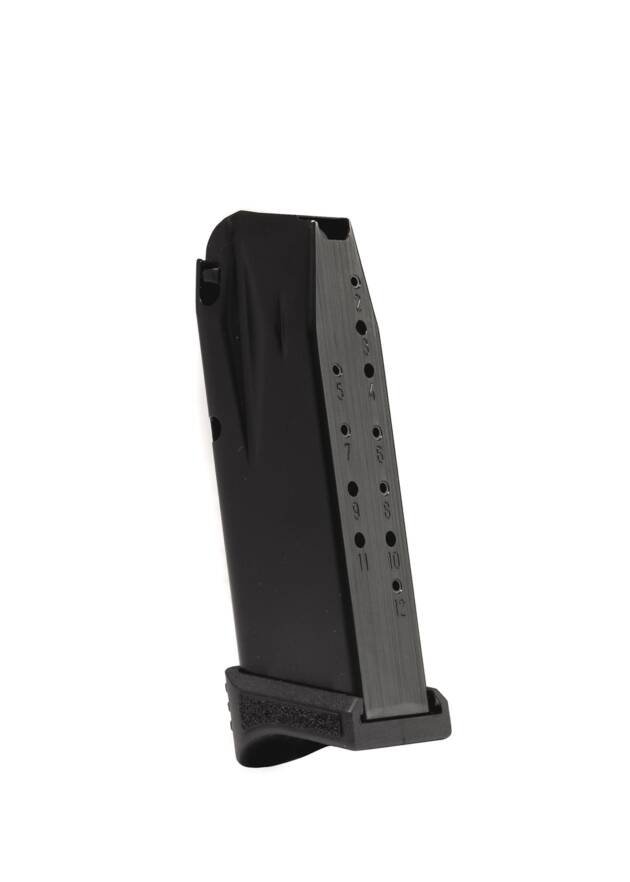 Sleek black metal firearm magazine for reliable performance and quick ammo visibility.