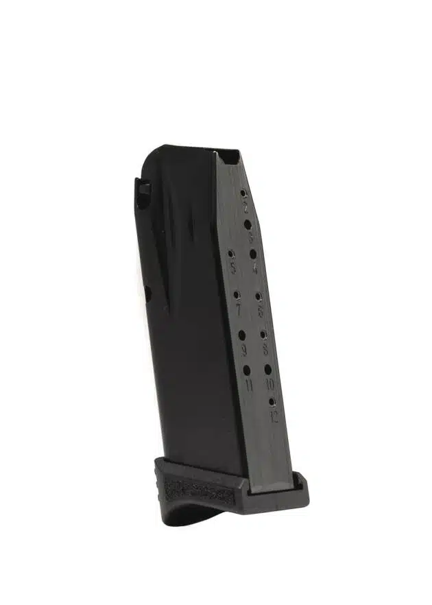 Sleek black metal firearm magazine for reliable performance and quick ammo visibility.
