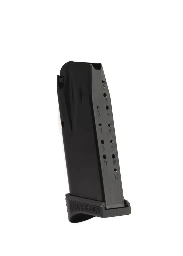 Sleek black metal firearm magazine for reliable performance and quick ammo visibility.