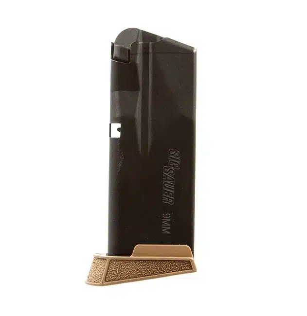 Sleek black firearm magazine with textured tan base for enhanced grip and modern style.