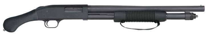Lightweight tactical pump-action shotgun for law enforcement and self-defense with secure foregrip.