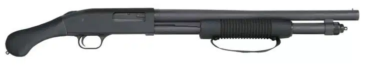 Lightweight tactical pump-action shotgun for law enforcement and self-defense with secure foregrip.