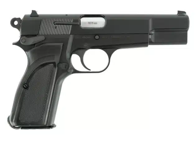 Sleek semi-automatic pistol with textured grip, matte black finish, and essential safety features.