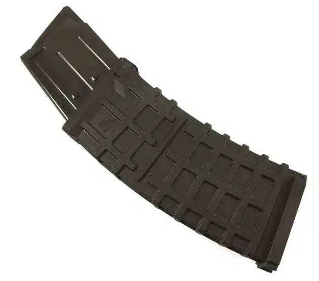 Curved black polymer magazine for semi-automatic rifles, ensuring reliable performance and easy handling.