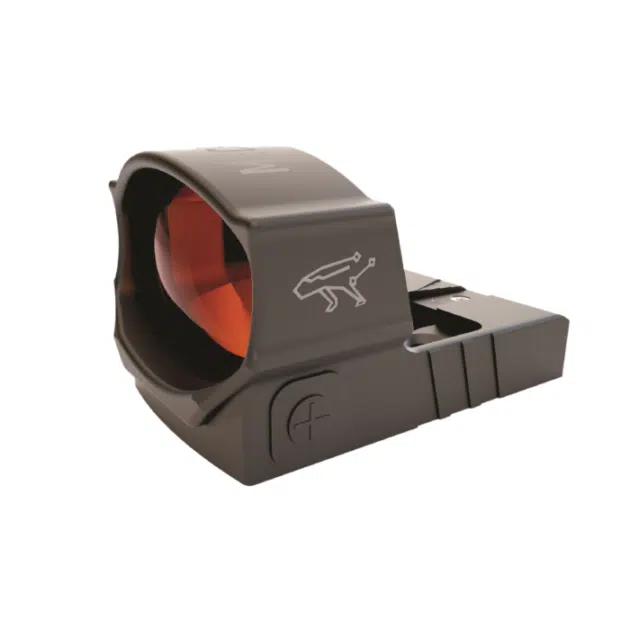 Lightweight black reflex sight with tinted lens for clear visibility in hunting or tactical use.