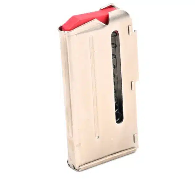 Sleek steel magazine with red follower and transparent window for quick round visibility.