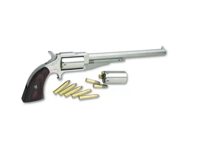 Sleek silver revolver with wood grip and brass casings, showcasing fine craftsmanship and design.