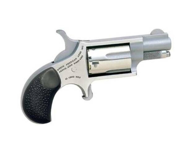 Sleek NAA .22LR silver pocket revolver, compact design for reliable self-defense and easy concealment.