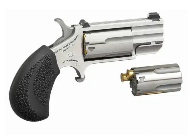 Sleek silver revolver with ergonomic grip, quick-reload cylinder for reliable self-defense and shooting.