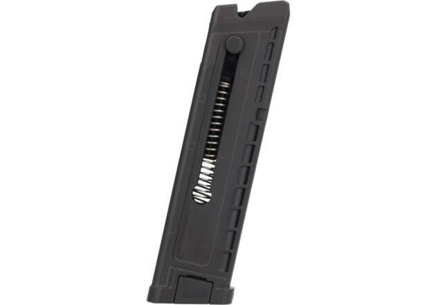 Durable black firearm magazine with enhanced grip for semi-automatic use, ideal for tactical applications.