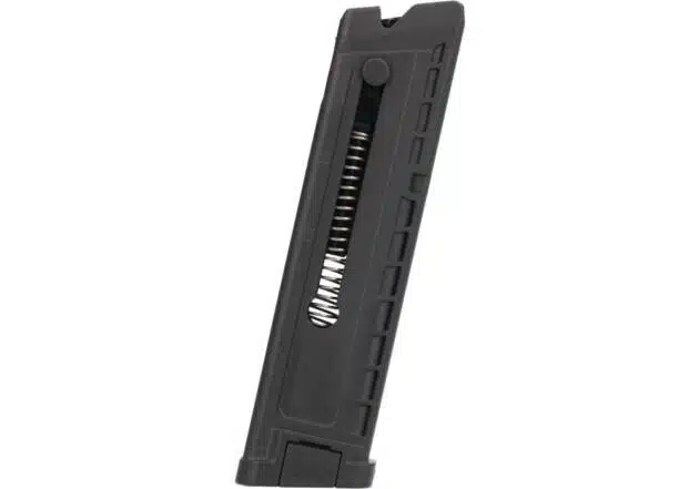 Durable black firearm magazine with enhanced grip for semi-automatic use, ideal for tactical applications.
